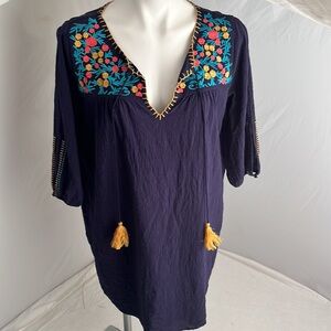 THML navy blue multicolor embroidered flowers split neck tassel dress